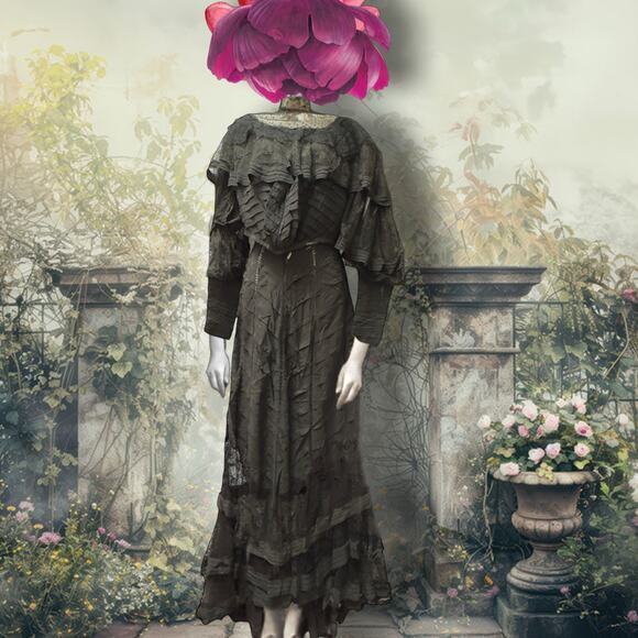 Vintage Dresses & Skirts - Antique Victorian Black Silk Lace Mourning Gown Dress 1900s Bodice Skirt Set